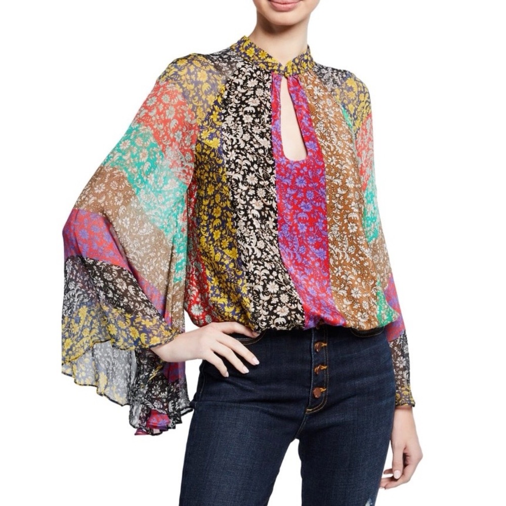 Alice & Olivia Prija Mandarin-Collar Flare-Sleeve Blouse –– NWT